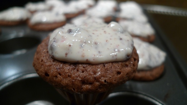 Brownie Bites with Peppermint Bark Icing